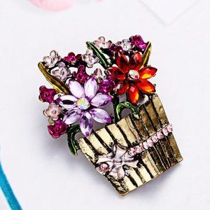 Sparkling Rhinestone Flower Basket Pin Brooch